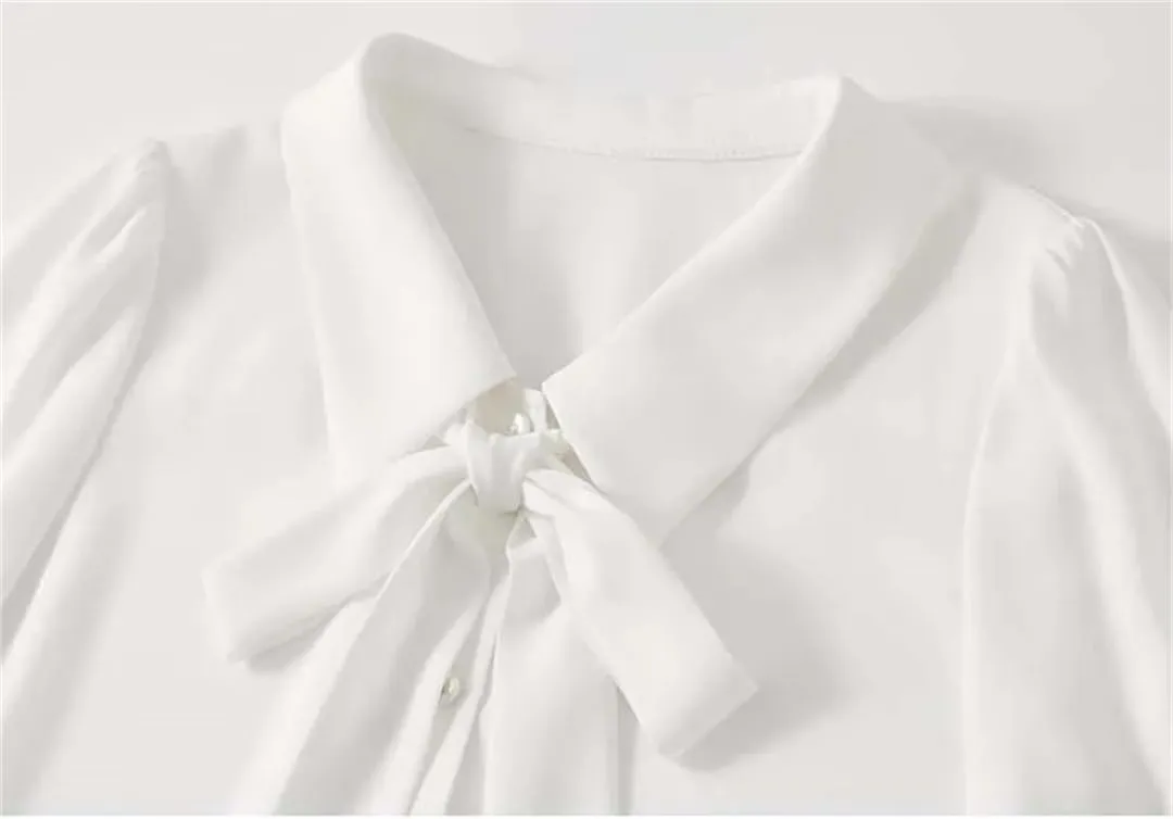 Women Straight Ribbon Shirts Chiffon Casual Solid Blouse Puff Sleeve Commute Office Lady Tops