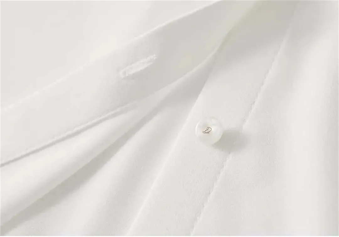 Women Straight Ribbon Shirts Chiffon Casual Solid Blouse Puff Sleeve Commute Office Lady Tops