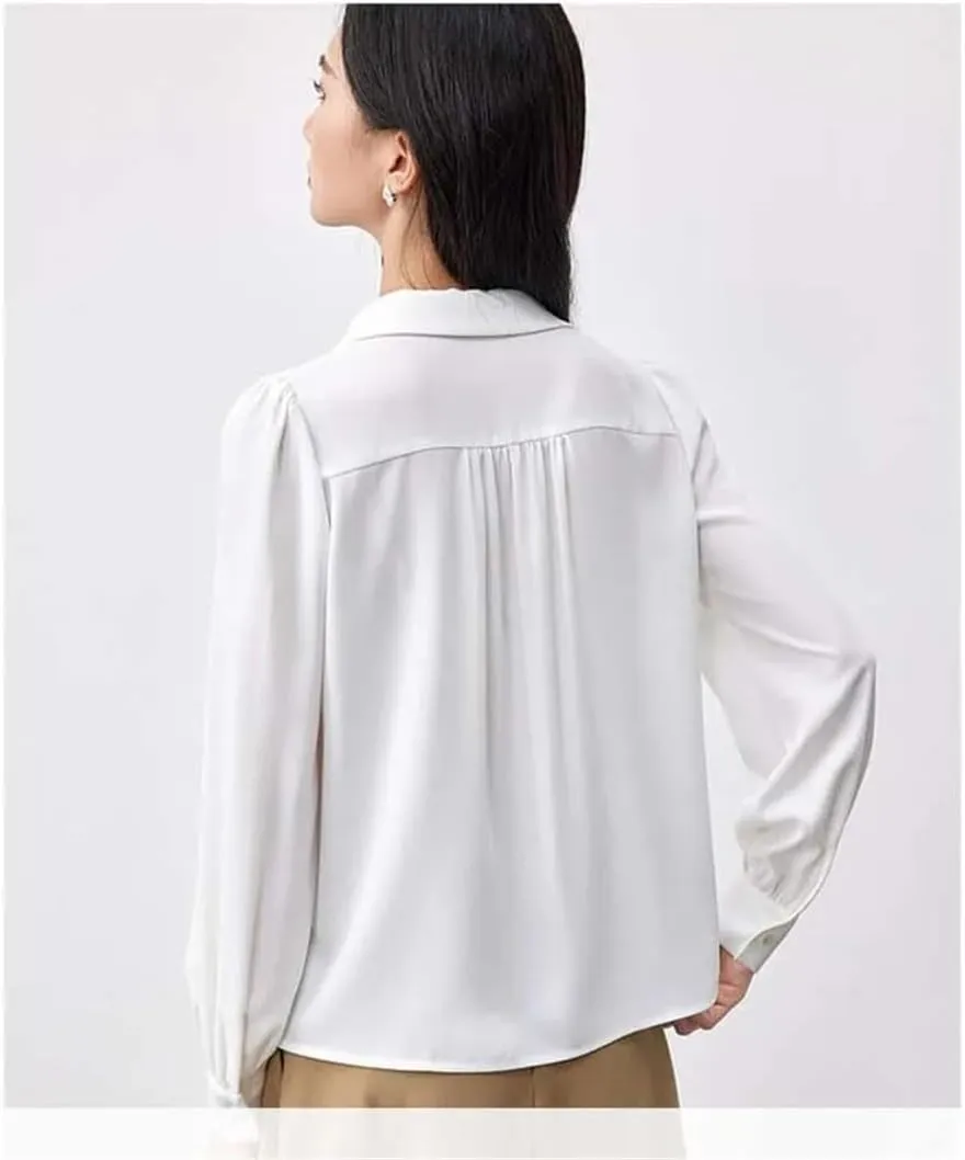Women Straight Ribbon Shirts Chiffon Casual Solid Blouse Puff Sleeve Commute Office Lady Tops