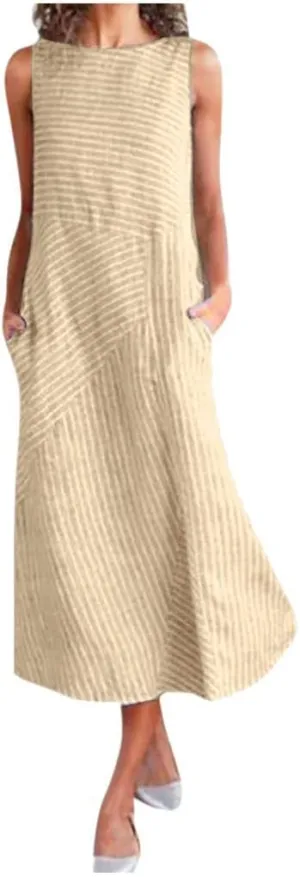 Women Summer Dresses Sun Dresses 2025 Vacation Plus Size Swing Linen Dress Sleeveless Maxi Dress with Pockects