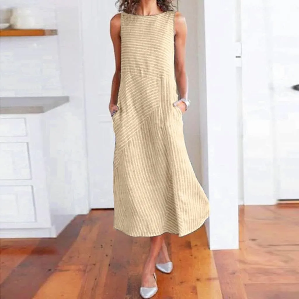 Women Summer Dresses Sun Dresses 2025 Vacation Plus Size Swing Linen Dress Sleeveless Maxi Dress with Pockects