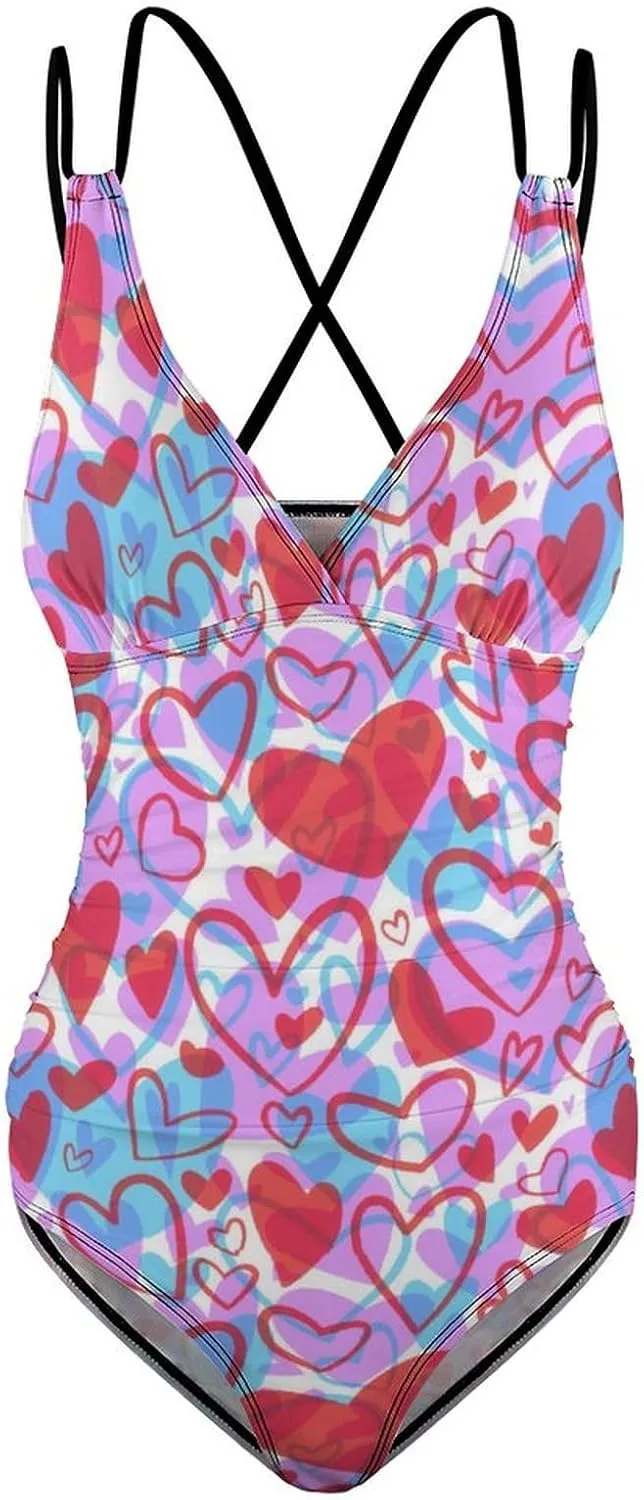 Womens 1 Piece Swimsuits Strappy Tummy Control Hearts Modern Full Coverage Swimwears