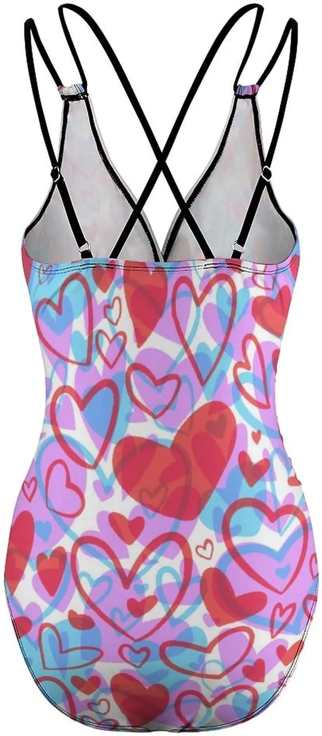 Womens 1 Piece Swimsuits Strappy Tummy Control Hearts Modern Full Coverage Swimwears