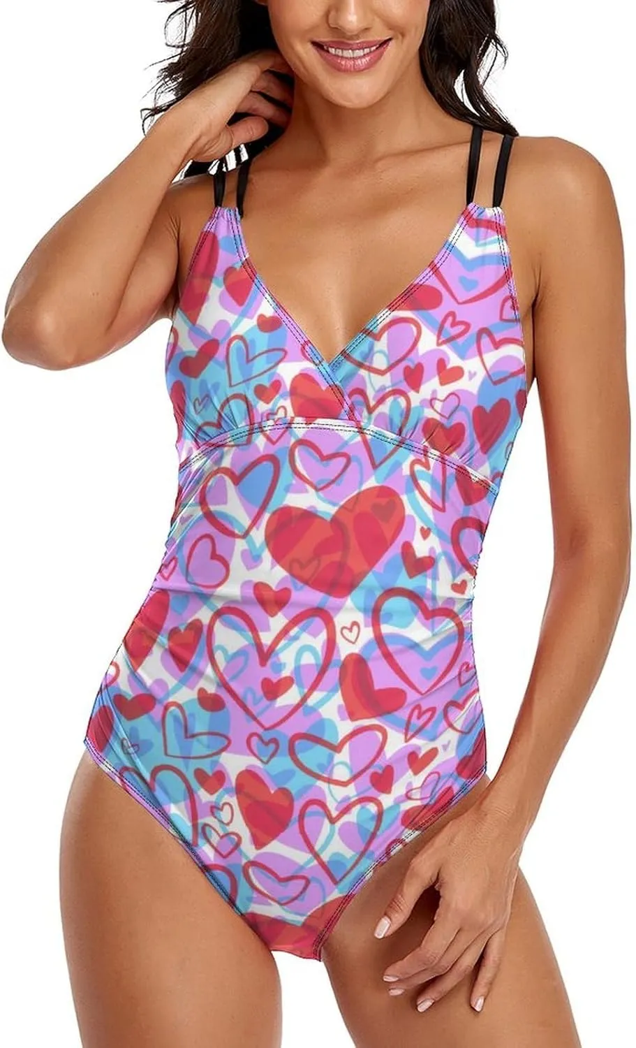 Womens 1 Piece Swimsuits Strappy Tummy Control Hearts Modern Full Coverage Swimwears