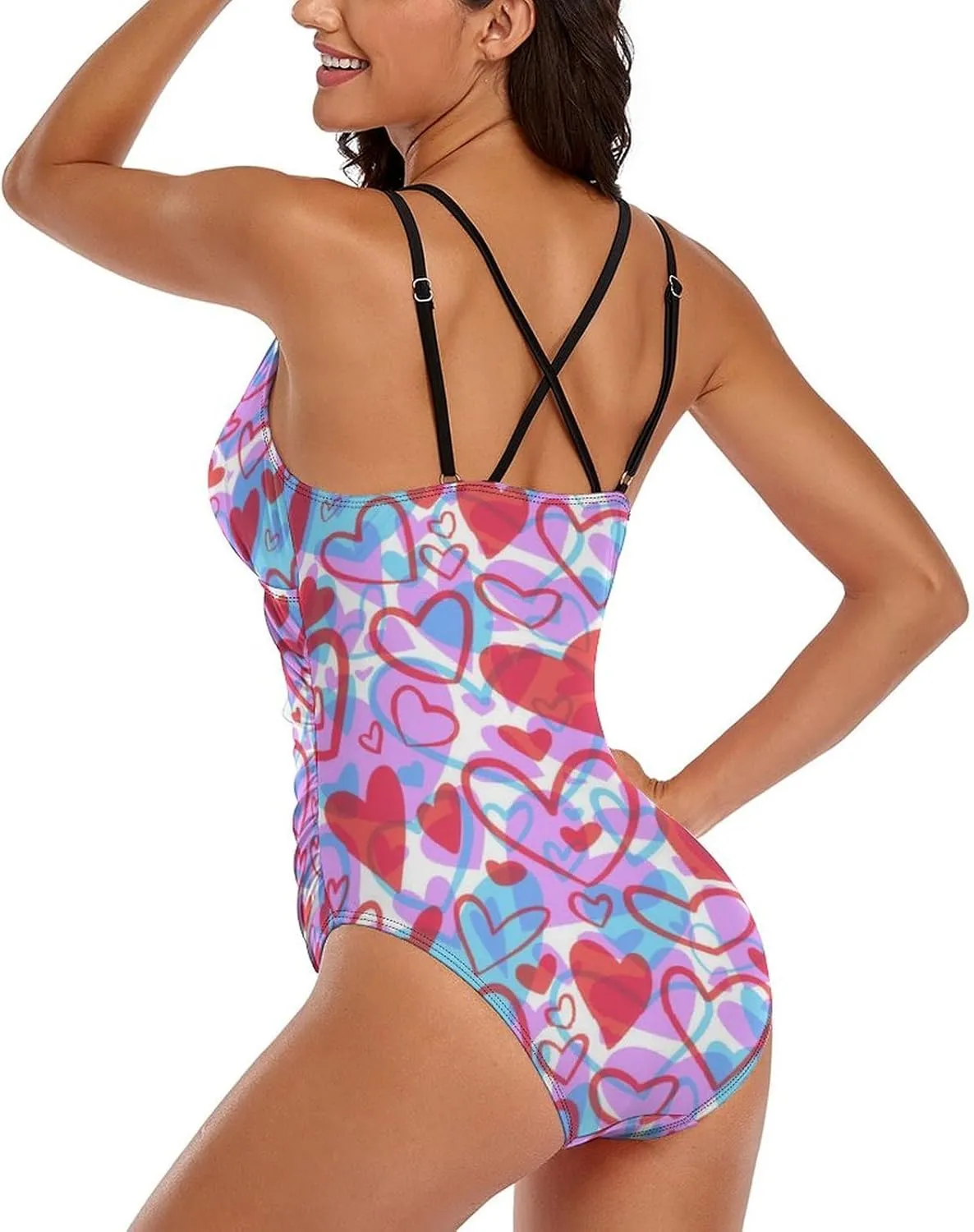 Womens 1 Piece Swimsuits Strappy Tummy Control Hearts Modern Full Coverage Swimwears