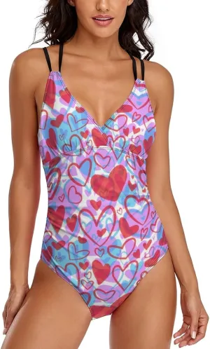 Womens 1 Piece Swimsuits Strappy Tummy Control Hearts Modern Full Coverage Swimwears