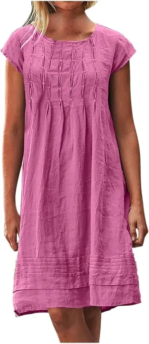 Women's 2025 Cotton Linen Midi Dress Plus Size Cap Sleeve Pleated Summer Dresses Vacation Crew Neck Casual Dress