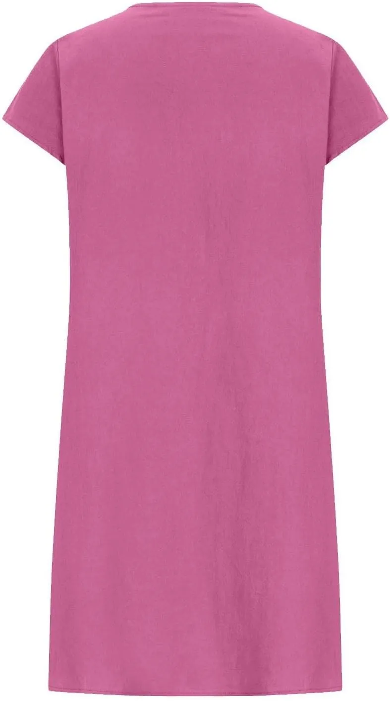 Women's 2025 Cotton Linen Midi Dress Plus Size Cap Sleeve Pleated Summer Dresses Vacation Crew Neck Casual Dress