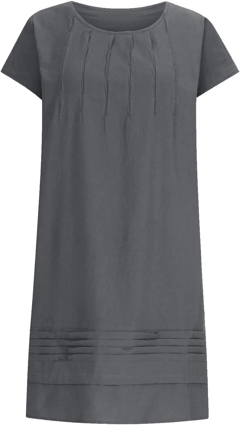 Women's 2025 Cotton Linen Midi Dress Plus Size Cap Sleeve Pleated Summer Dresses Vacation Crew Neck Casual Dress