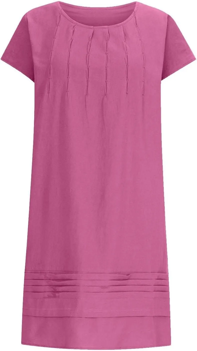 Women's 2025 Cotton Linen Midi Dress Plus Size Cap Sleeve Pleated Summer Dresses Vacation Crew Neck Casual Dress