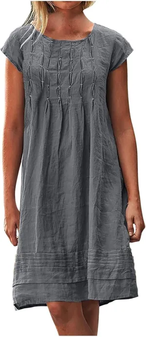 Women's 2025 Cotton Linen Midi Dress Plus Size Cap Sleeve Pleated Summer Dresses Vacation Crew Neck Casual Dress