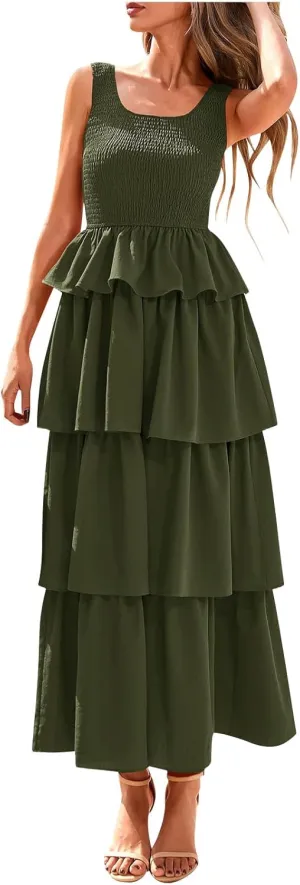 Womens 2025 Summer Sleeveless Maxi Tank Dress Scoop Neck A Line Smocked Ruffle Tiered Layered Beach Vacation Dresses