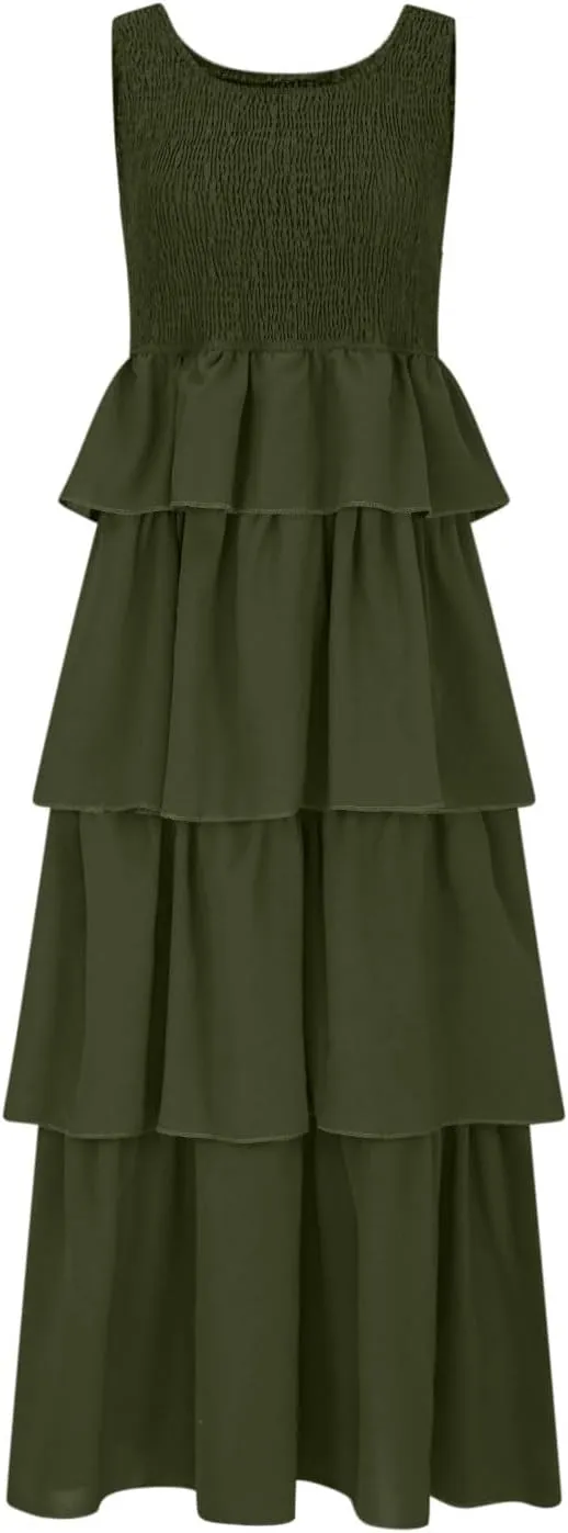 Womens 2025 Summer Sleeveless Maxi Tank Dress Scoop Neck A Line Smocked Ruffle Tiered Layered Beach Vacation Dresses