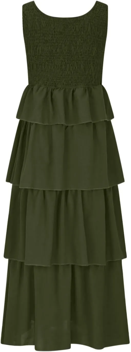 Womens 2025 Summer Sleeveless Maxi Tank Dress Scoop Neck A Line Smocked Ruffle Tiered Layered Beach Vacation Dresses
