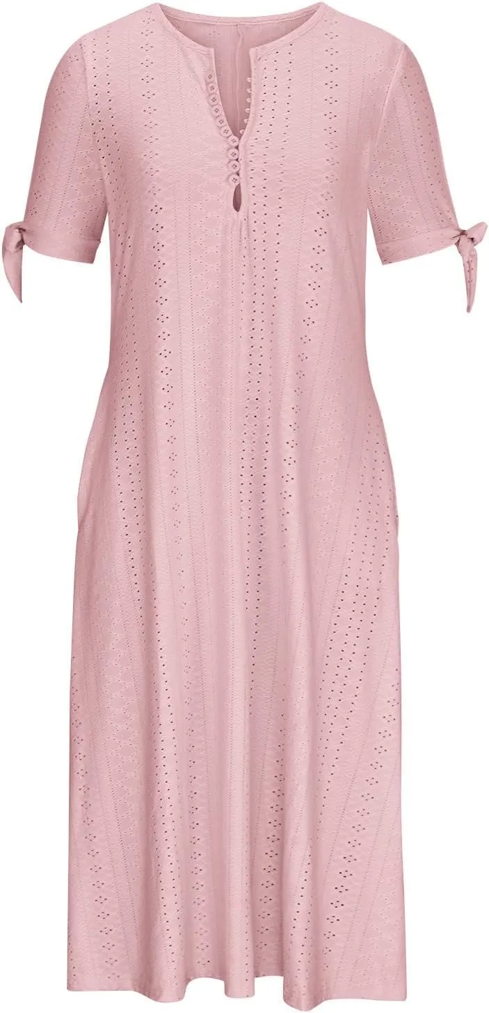 Womens Boho Eyelet Summer Dresses Embroidery Short Sleeve Maxi Dress Loose Beach Vacation Long Dress with Pockets