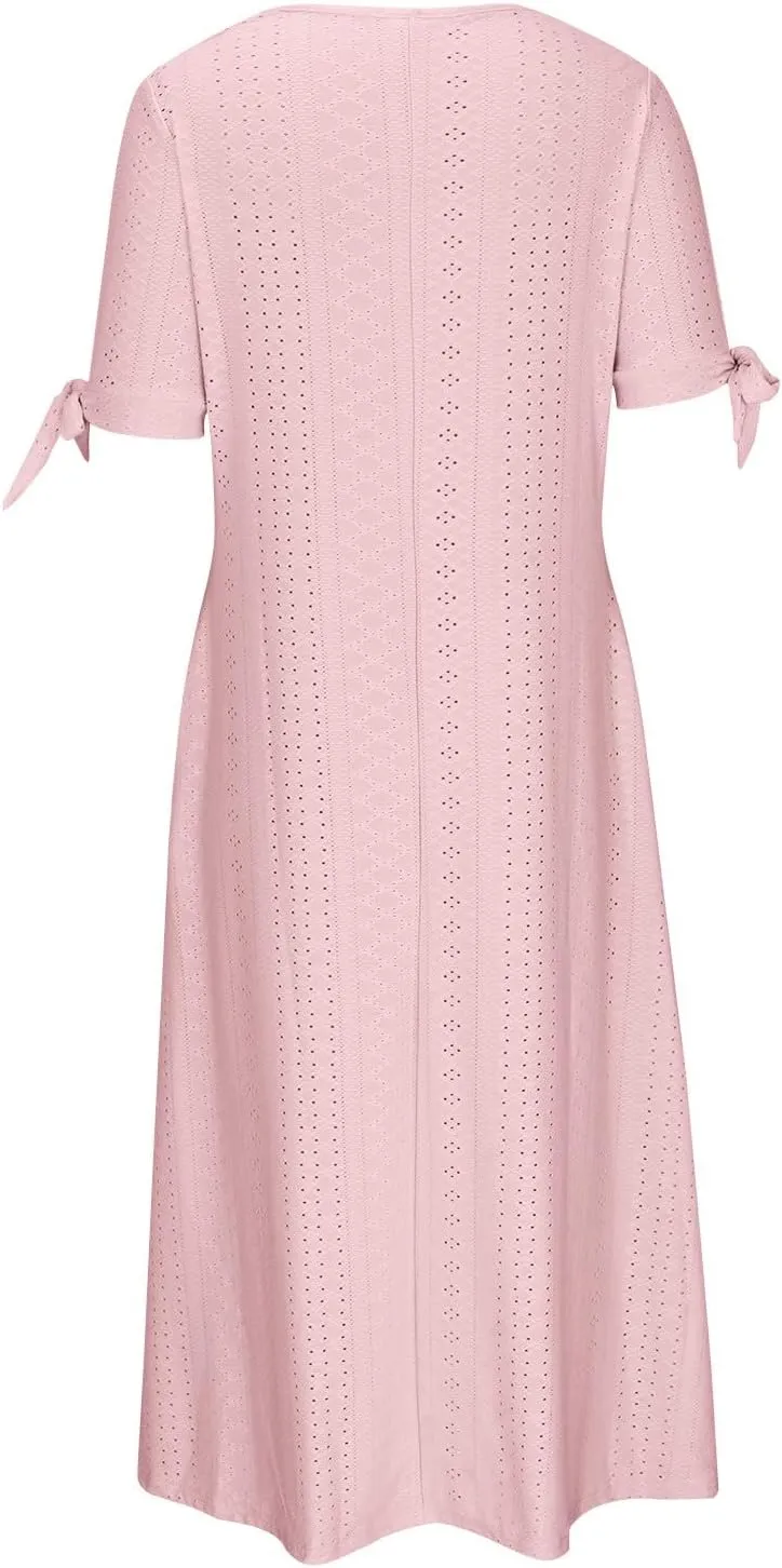 Womens Boho Eyelet Summer Dresses Embroidery Short Sleeve Maxi Dress Loose Beach Vacation Long Dress with Pockets
