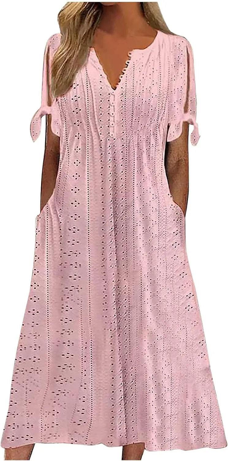 Womens Boho Eyelet Summer Dresses Embroidery Short Sleeve Maxi Dress Loose Beach Vacation Long Dress with Pockets