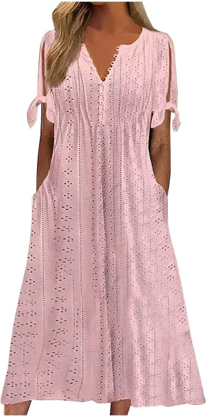 Womens Boho Eyelet Summer Dresses Embroidery Short Sleeve Maxi Dress Loose Beach Vacation Long Dress with Pockets
