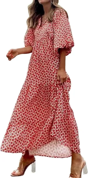 Womens Boho Maxi Dresses 2025 Summer V Neck Puff Sleeve Long Dress Floral Flowy Swing Casual Maxi Dress for Women
