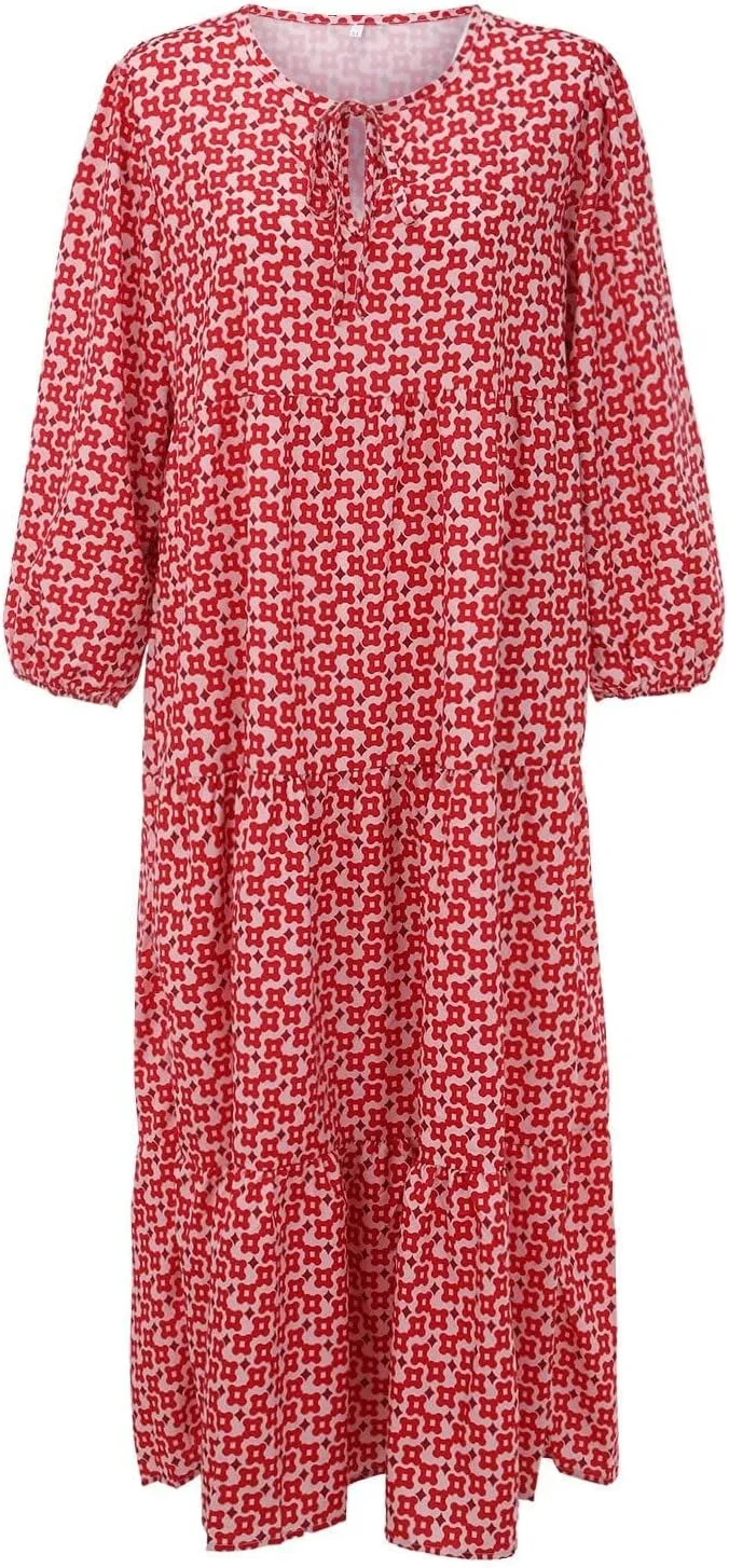 Womens Boho Maxi Dresses 2025 Summer V Neck Puff Sleeve Long Dress Floral Flowy Swing Casual Maxi Dress for Women