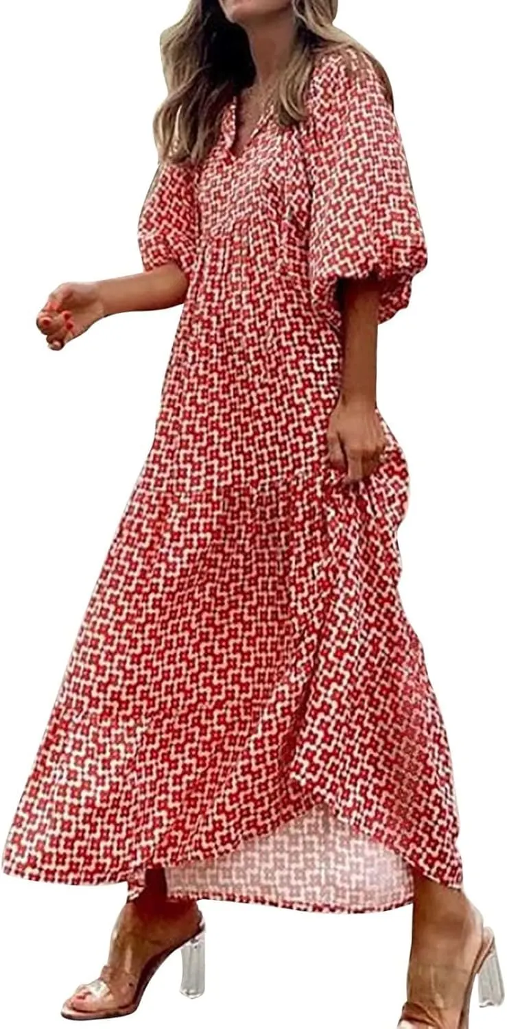 Womens Boho Maxi Dresses 2025 Summer V Neck Puff Sleeve Long Dress Floral Flowy Swing Casual Maxi Dress for Women
