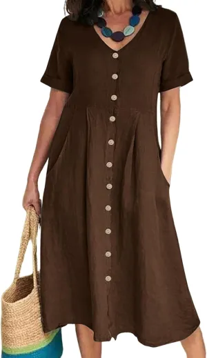 Women's Button Down T-Shirt Dress Casual High Low V Neck Loose Linen Summer Short Sleeve Midi Dresses with Pockets