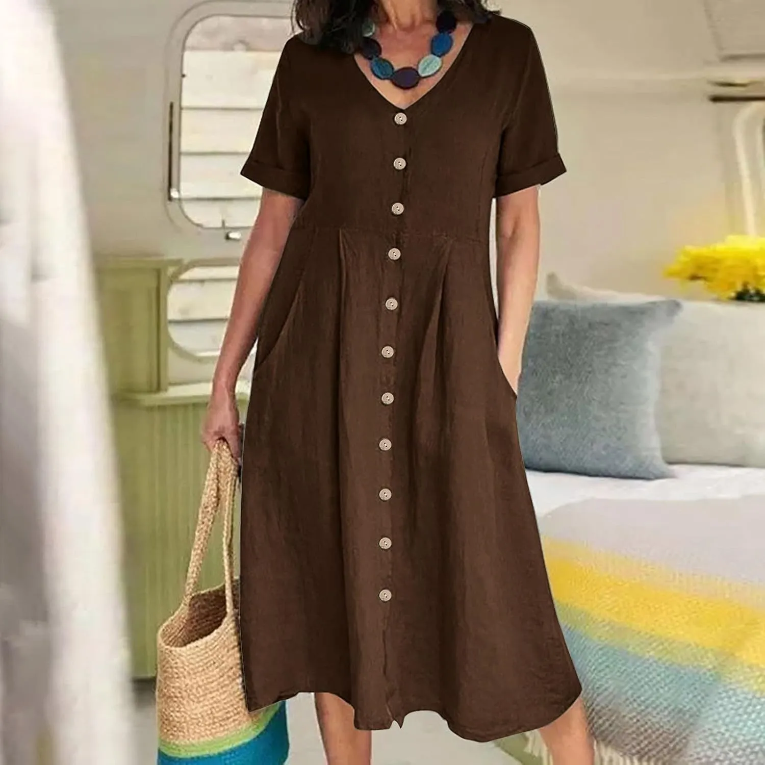 Women's Button Down T-Shirt Dress Casual High Low V Neck Loose Linen Summer Short Sleeve Midi Dresses with Pockets