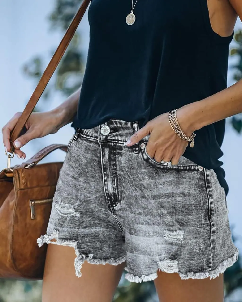 Women's Casual High Waisted Denim Shorts Frayed Raw Hem Stretch Ripped Jean Shorts