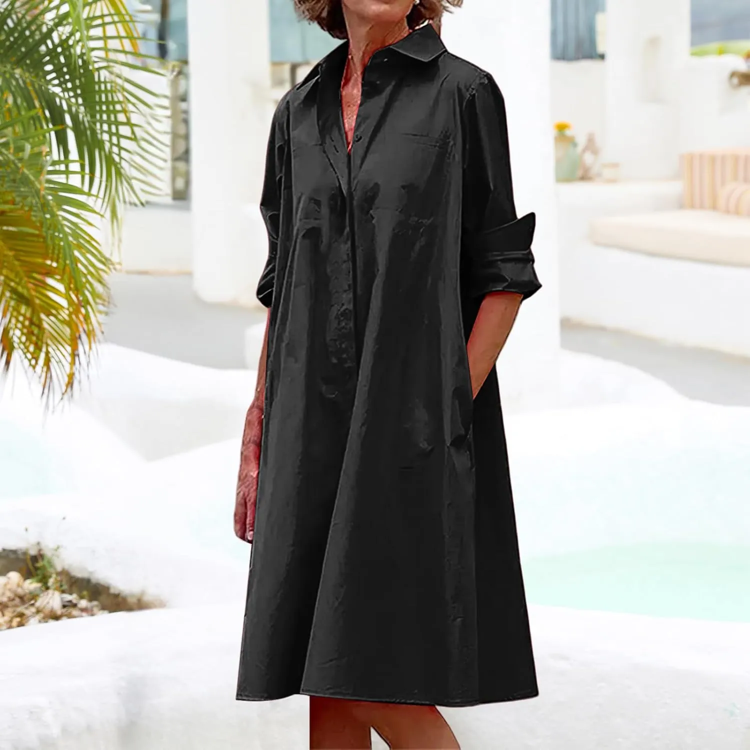 Womens Casual Midi Dress Summer Long Sleeve Button Down Shirt Dresses Trendy V Neck Color Block Print Beach Sundress