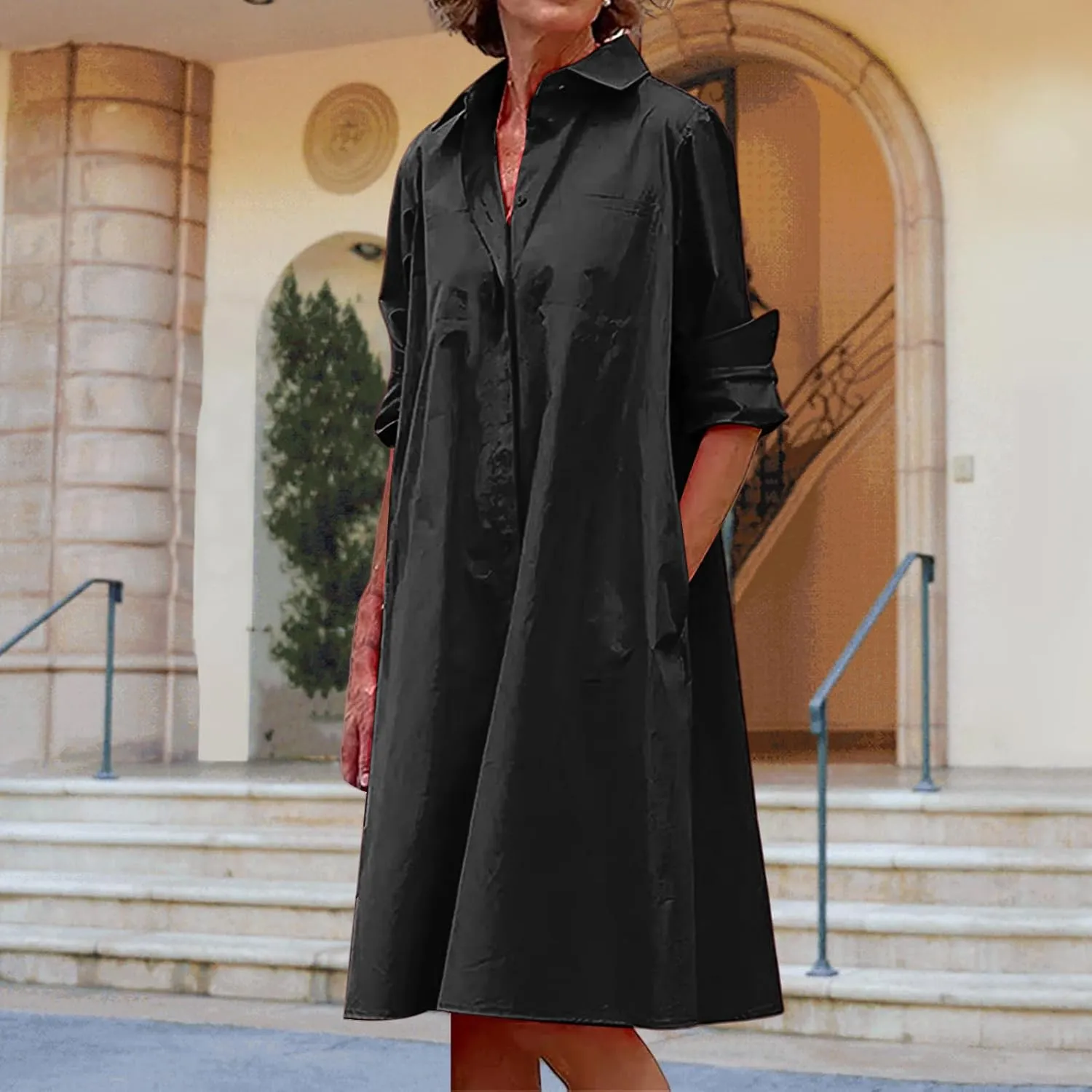 Womens Casual Midi Dress Summer Long Sleeve Button Down Shirt Dresses Trendy V Neck Color Block Print Beach Sundress