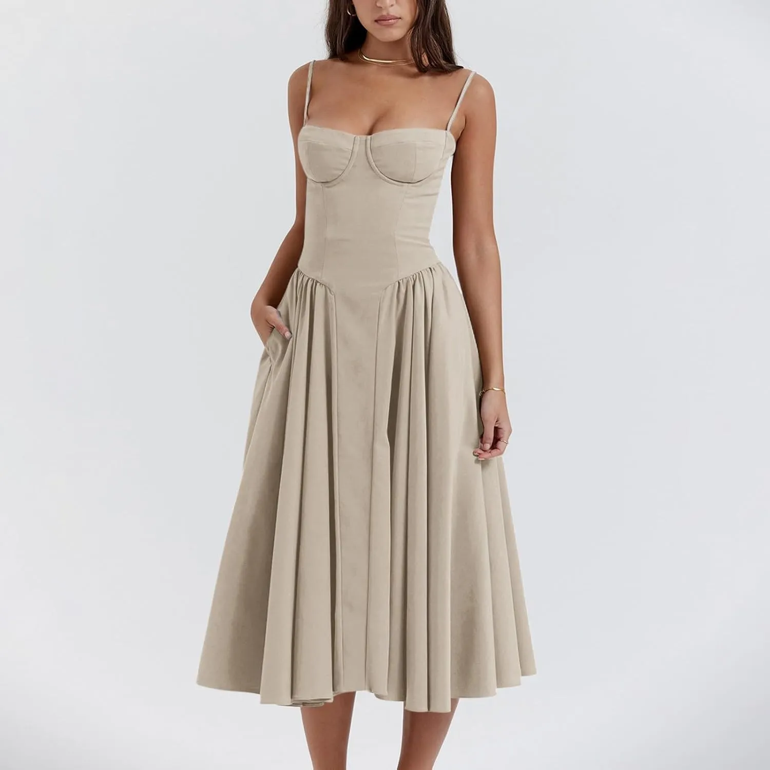 Womens Corset Dress Sexy Sleeveless Spaghetti Strap Bustier A Line Flowy Swing Midi Dress Low Cut Dressy Sundress