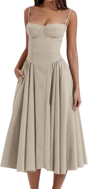 Womens Corset Dress Sexy Sleeveless Spaghetti Strap Bustier A Line Flowy Swing Midi Dress Low Cut Dressy Sundress