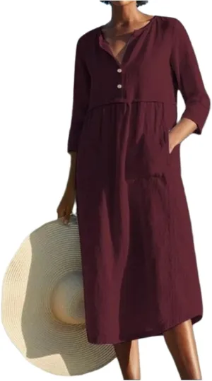 Womens Cotton Linen Dresses 3/4 Sleeve Maxi Long Dress Round Neck Button Casual Dress Casual Plain Loungewear Dresses