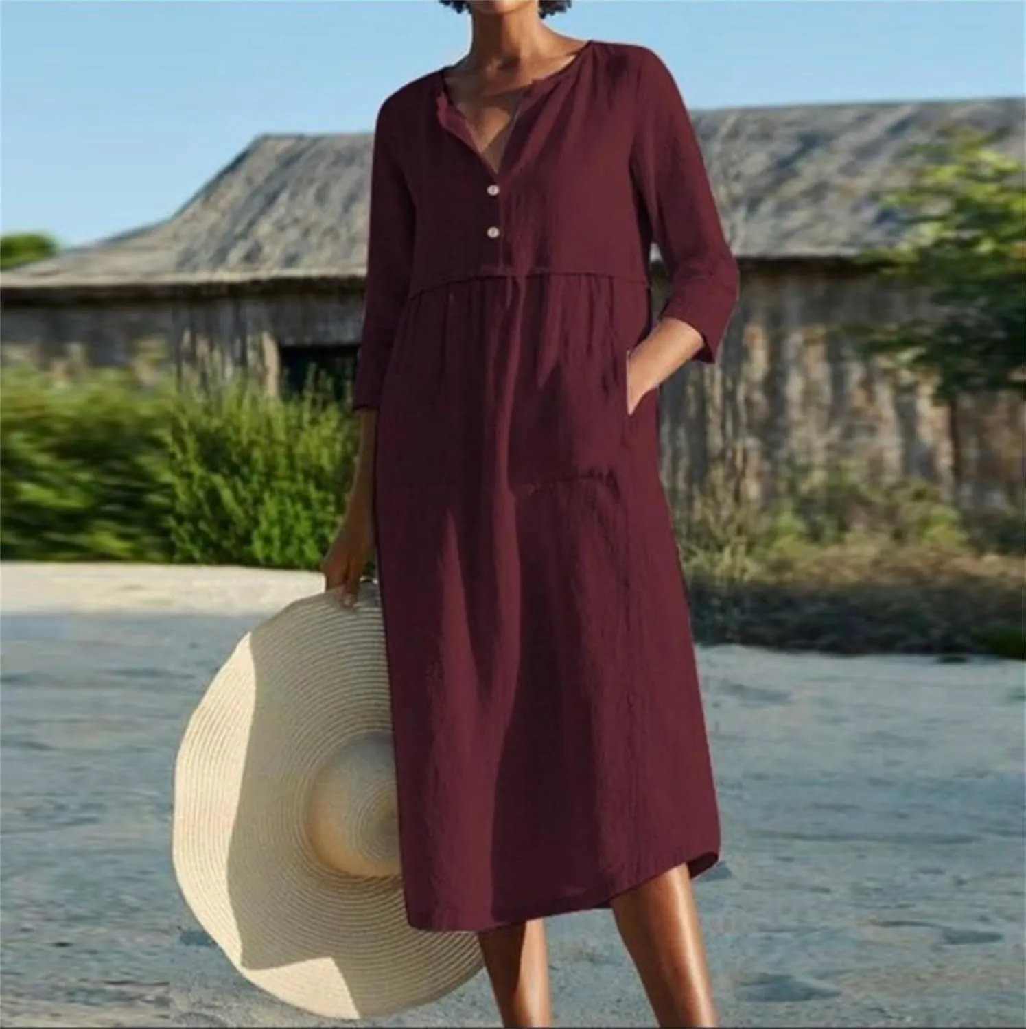 Womens Cotton Linen Dresses 3/4 Sleeve Maxi Long Dress Round Neck Button Casual Dress Casual Plain Loungewear Dresses