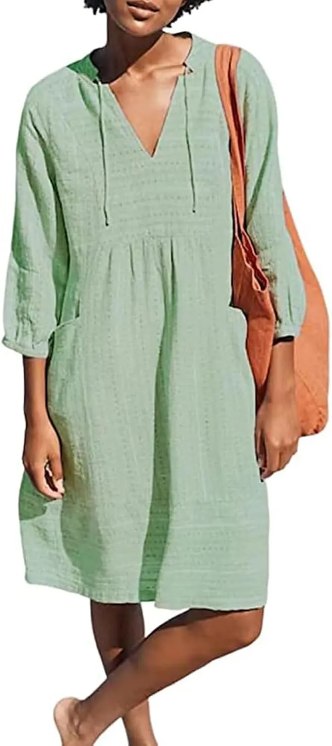 Womens Cotton Linen Dresses V Neck 3/4 Sleeve Dress Summer Casual Loose Shift Tunic Smock Dresses 2025