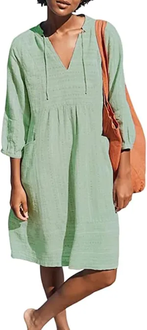 Womens Cotton Linen Dresses V Neck 3/4 Sleeve Dress Summer Casual Loose Shift Tunic Smock Dresses 2025