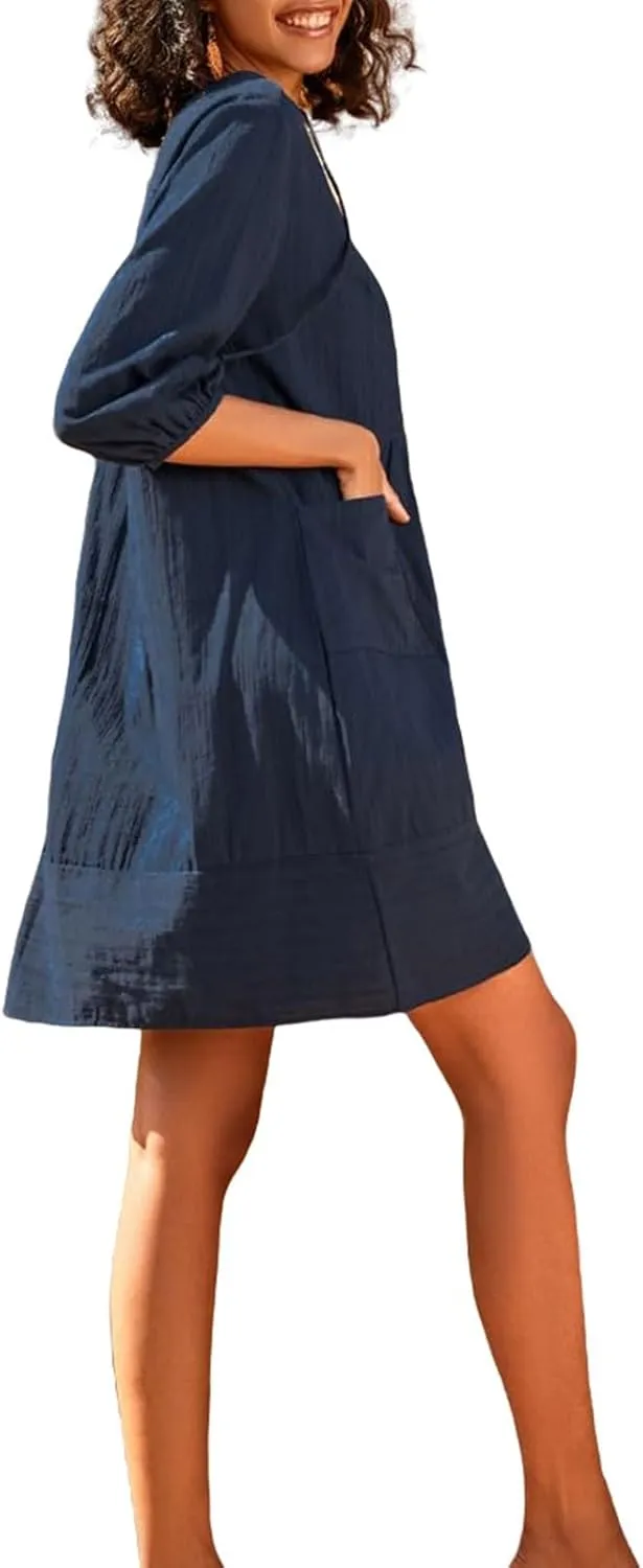 Womens Cotton Linen Dresses V Neck 3/4 Sleeve Dress Summer Casual Loose Shift Tunic Smock Dresses 2025