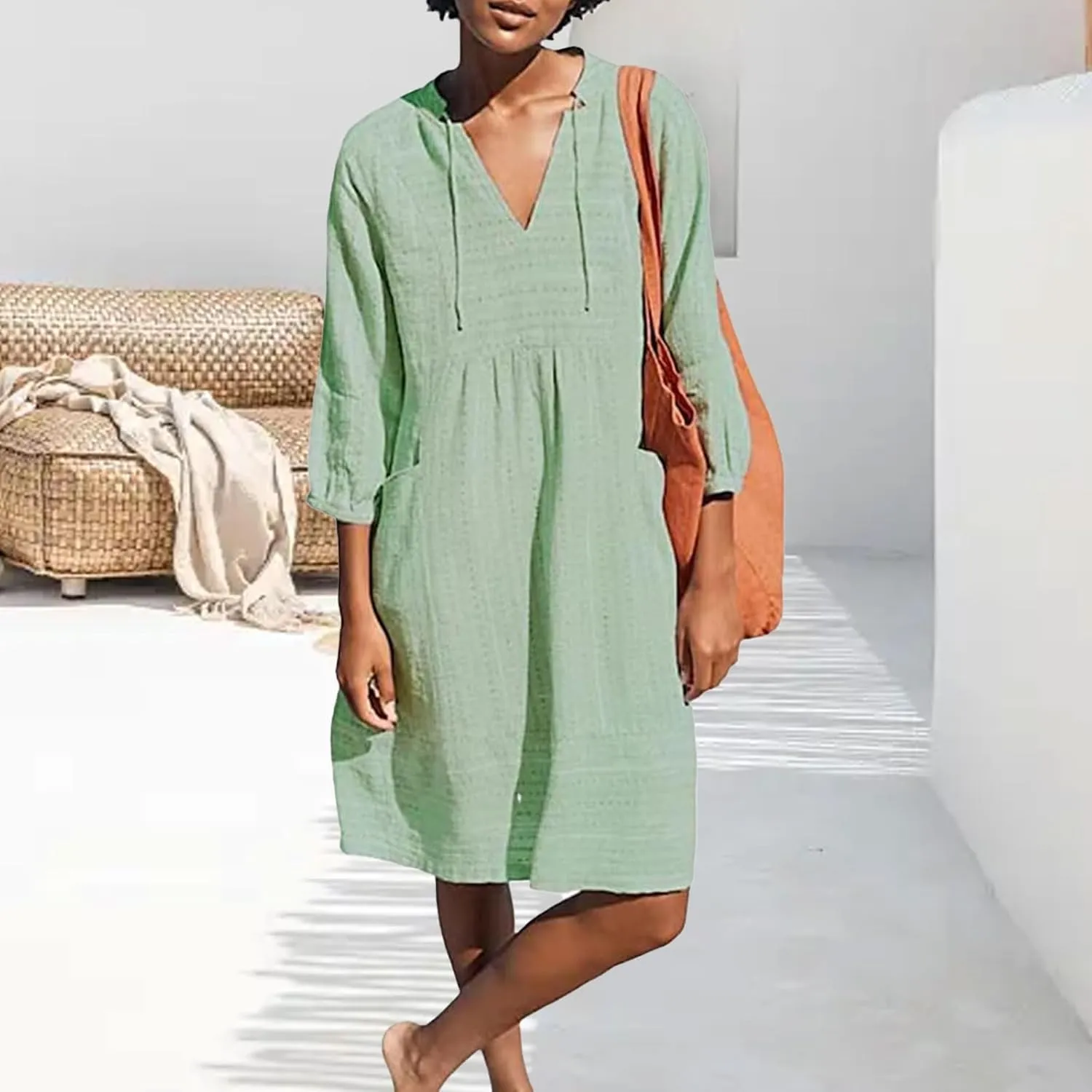 Womens Cotton Linen Dresses V Neck 3/4 Sleeve Dress Summer Casual Loose Shift Tunic Smock Dresses 2025