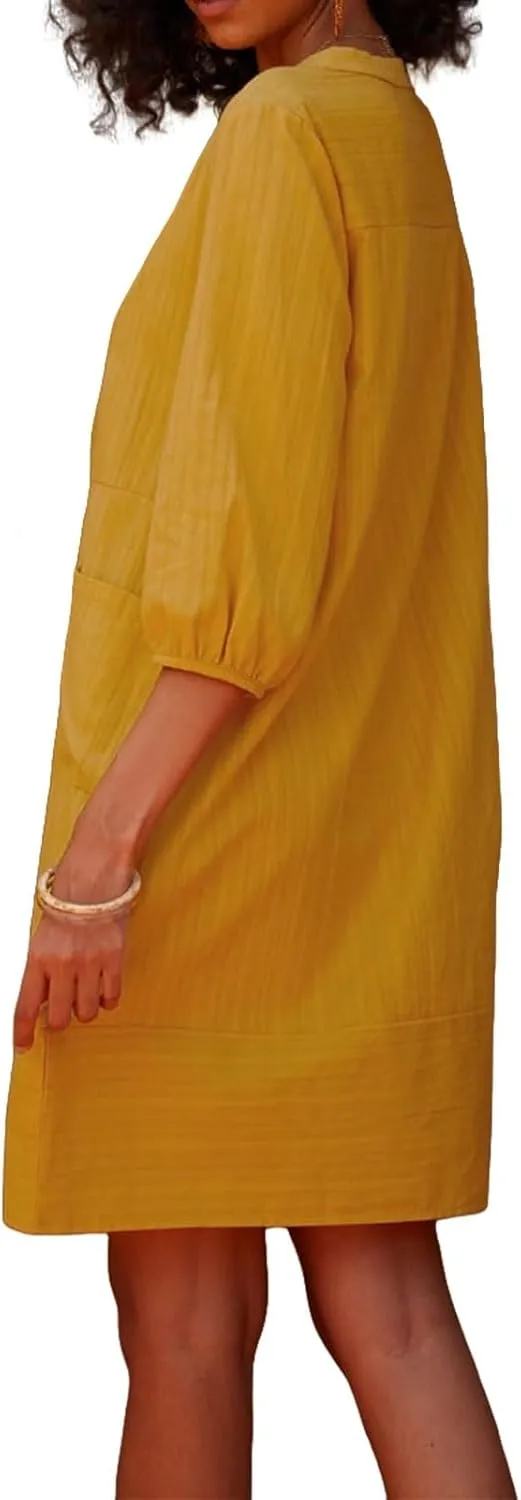 Womens Cotton Linen Dresses V Neck 3/4 Sleeve Dress Summer Casual Loose Shift Tunic Smock Dresses 2025