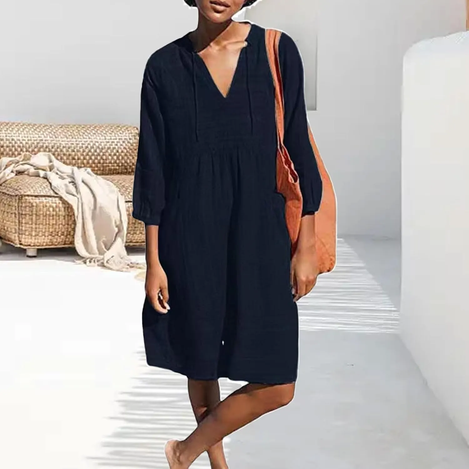 Womens Cotton Linen Dresses V Neck 3/4 Sleeve Dress Summer Casual Loose Shift Tunic Smock Dresses 2025