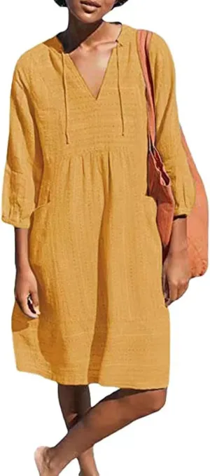 Womens Cotton Linen Dresses V Neck 3/4 Sleeve Dress Summer Casual Loose Shift Tunic Smock Dresses 2025