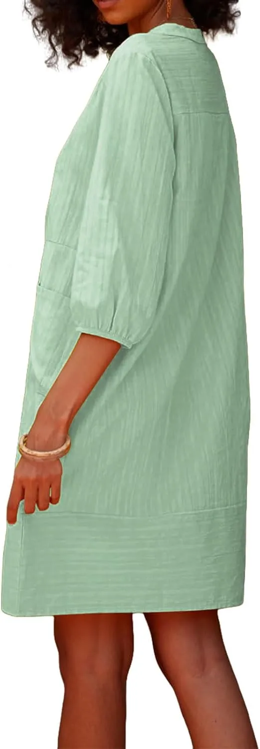 Womens Cotton Linen Dresses V Neck 3/4 Sleeve Dress Summer Casual Loose Shift Tunic Smock Dresses 2025