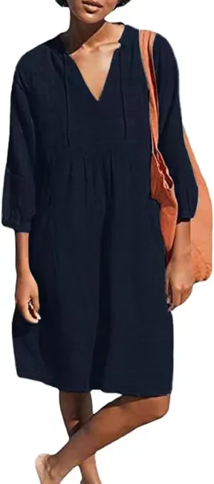 Womens Cotton Linen Dresses V Neck 3/4 Sleeve Dress Summer Casual Loose Shift Tunic Smock Dresses 2025