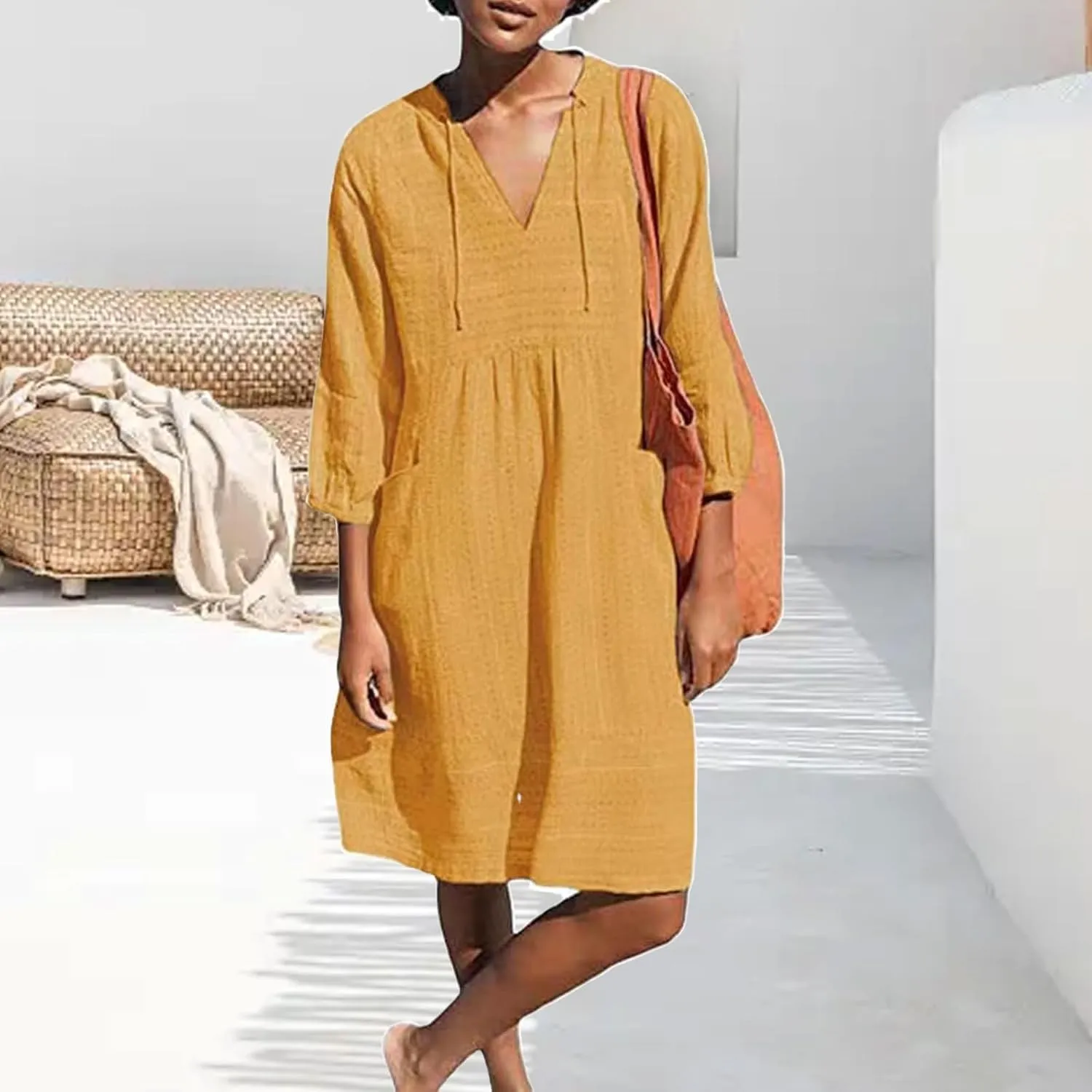Womens Cotton Linen Dresses V Neck 3/4 Sleeve Dress Summer Casual Loose Shift Tunic Smock Dresses 2025