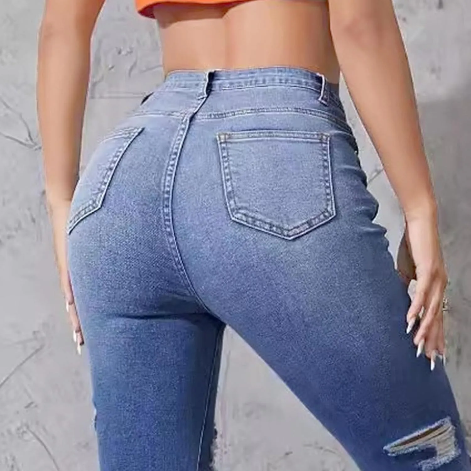 Women's Distressed Skinny High Waisted Jeans Ripped Stretch Casual Denim Pants Slim Fit Pull-On Destroyed Jeans
