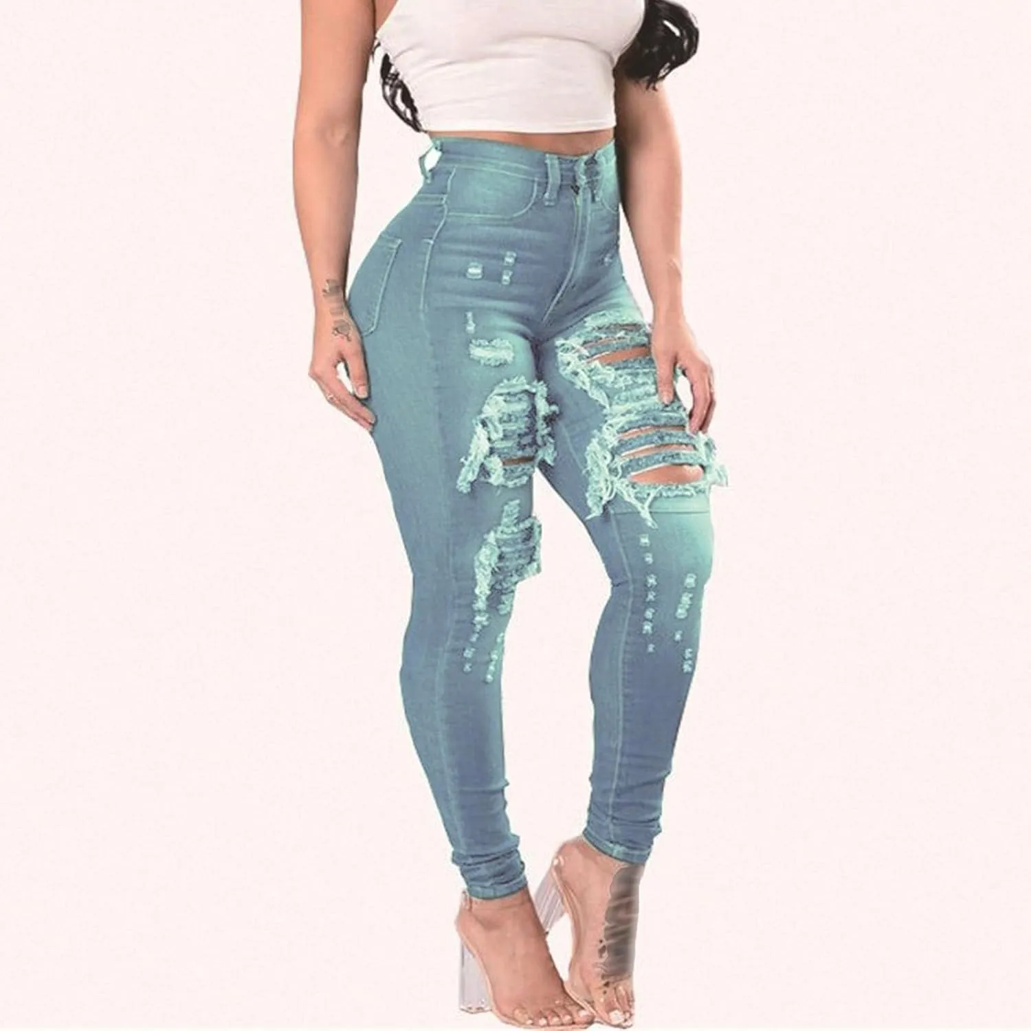 Women's Distressed Skinny High Waisted Jeans Ripped Stretch Casual Denim Pants Slim Fit Pull-On Destroyed Jeans