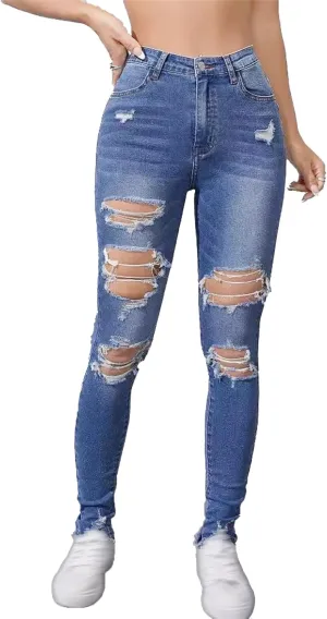 Women's Distressed Skinny High Waisted Jeans Ripped Stretch Casual Denim Pants Slim Fit Pull-On Destroyed Jeans