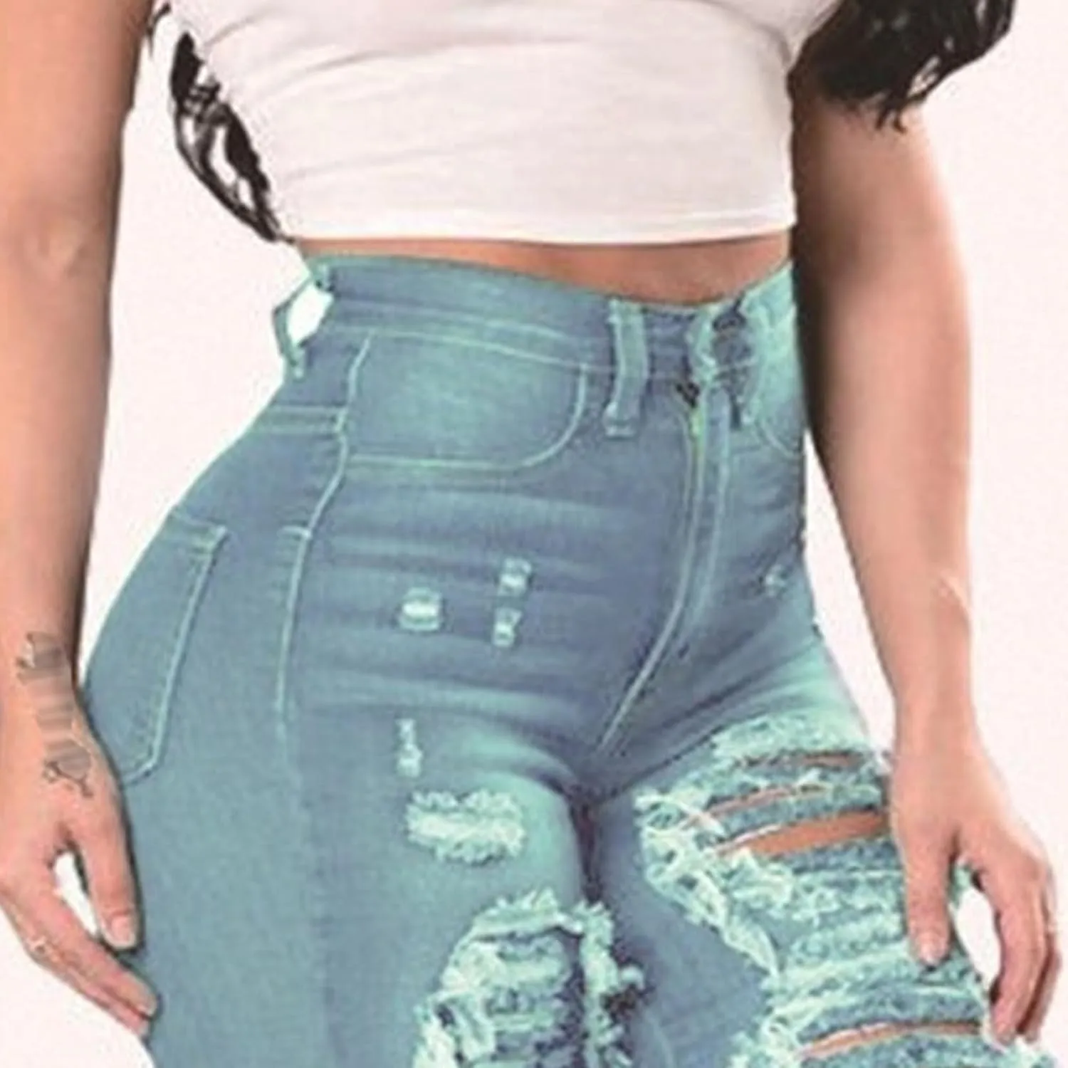 Women's Distressed Skinny High Waisted Jeans Ripped Stretch Casual Denim Pants Slim Fit Pull-On Destroyed Jeans