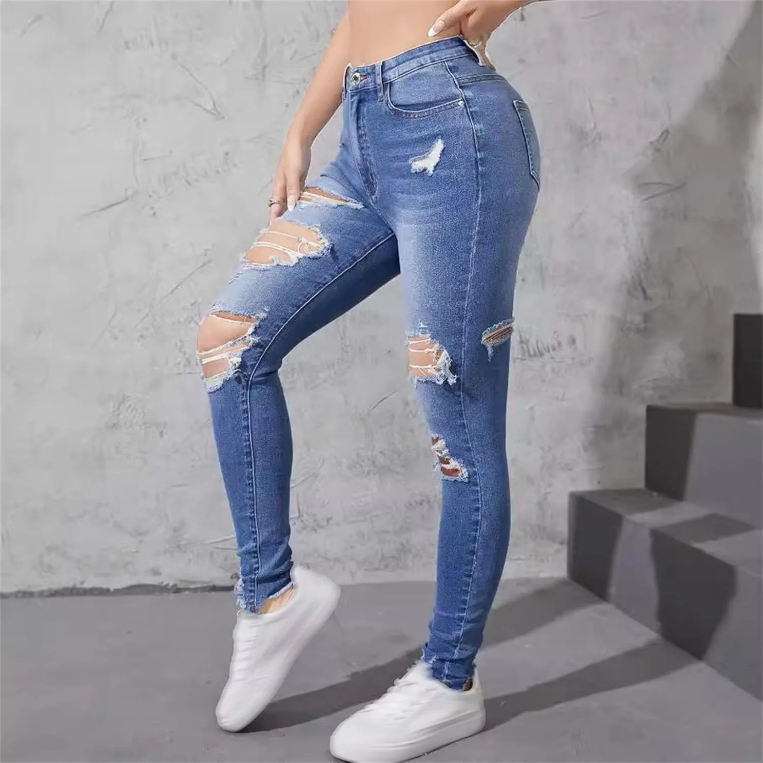 Women's Distressed Skinny High Waisted Jeans Ripped Stretch Casual Denim Pants Slim Fit Pull-On Destroyed Jeans