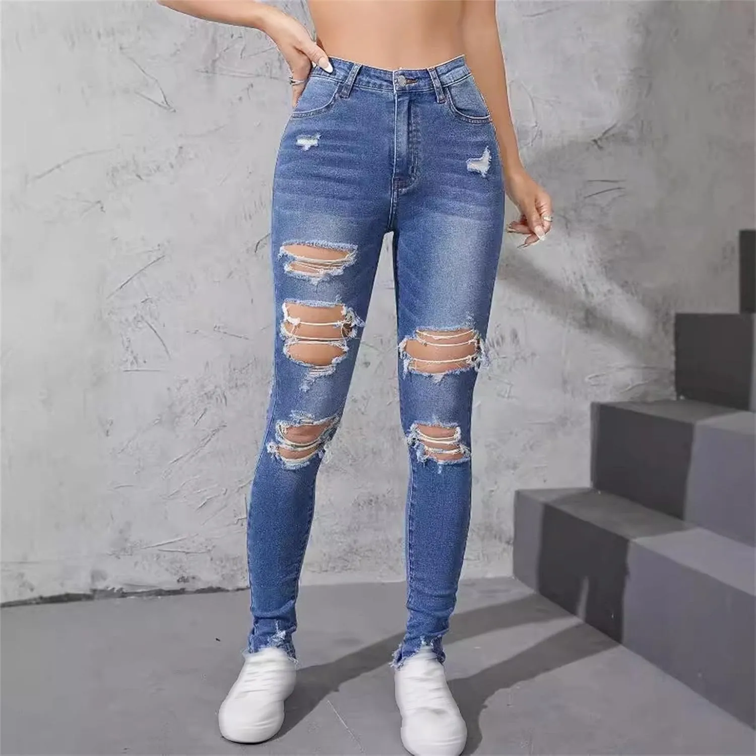 Women's Distressed Skinny High Waisted Jeans Ripped Stretch Casual Denim Pants Slim Fit Pull-On Destroyed Jeans